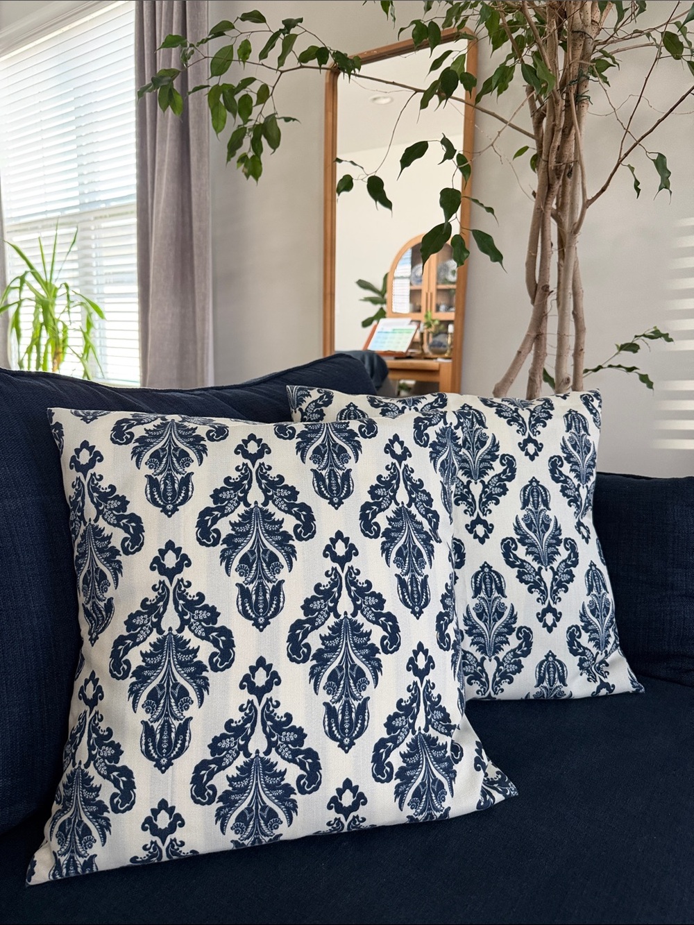 Blue and White Damask Decorative Throw Pillow - Unbranded